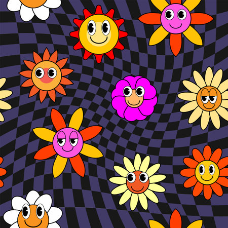 Groovy hippie flower seamless pattern. Colorful flowers trendy check distortion background retro trippy 70s styleのイラスト素材