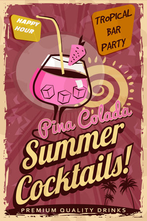 Pina Colada Cocktail Retro poster. Cocktail lounge vintage sign,のイラスト素材