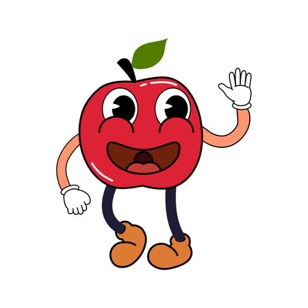 Groovy funny apple cartoon character, vintage hippie 70s. Doodle comic bright characterのイラスト素材