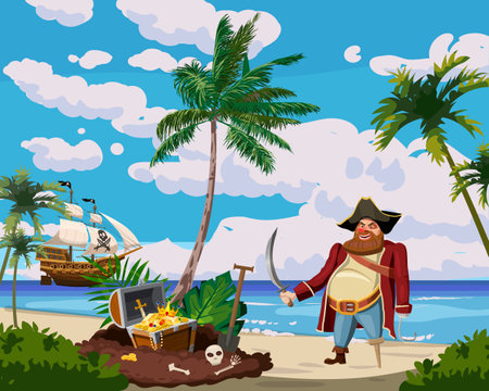 Tropical Treasure Island Pirate chest full of gold coins, gems, crown, sword, digging holeのイラスト素材