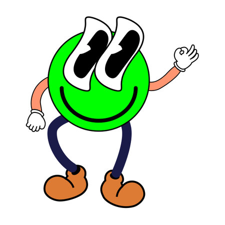 Groovy Cartoon funny cartoon smile character, vintage. Funky comic bright emoticon green stickerのイラスト素材