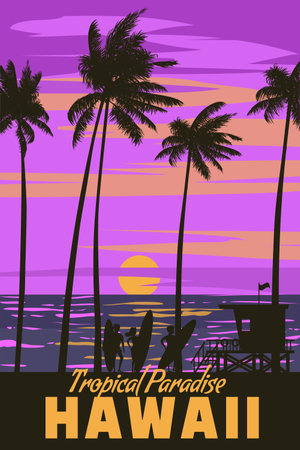 Hawaii vintage travel poster. Sunset beach surfers,のイラスト素材