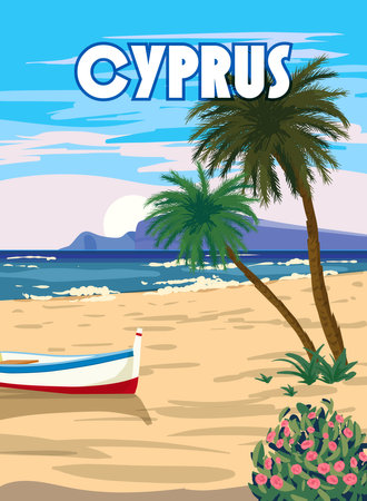 Cyprus Poster Travel, Greek seascape, beach, palms, boat, poster, Mediterranean landscape. Vintage styleのイラスト素材