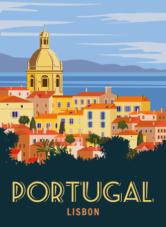 Travel Poster Poster Lisbon, Vintage. Portugal cityscape landmark, sea, sunset sky. Vector illustrationのイラスト素材