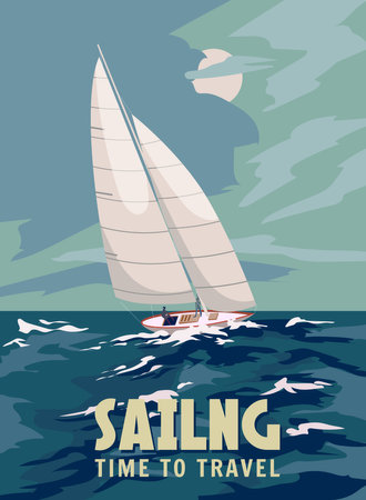Ship Sailboat during a storm poster retro, sailing ship on the ocean, sea, stormy sky, sea waves. Vector illustration vintageのイラスト素材