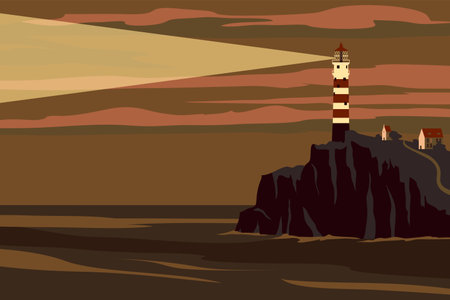 Lighthouse tower on seashore ocean with ray of lightのイラスト素材