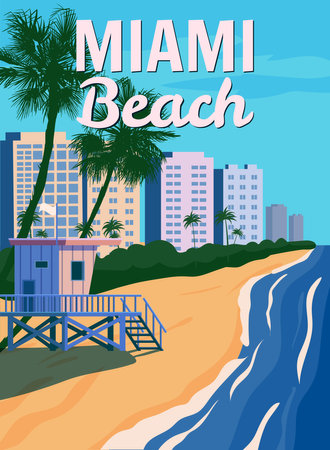 Miami Beach, City Skyline, Retro Poster. Lifeguard house, coast, surf, ocean. Vector illustration vintageのイラスト素材