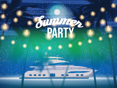 Summer Beach Party, Night Beach Palms Banner, Flyerのイラスト素材