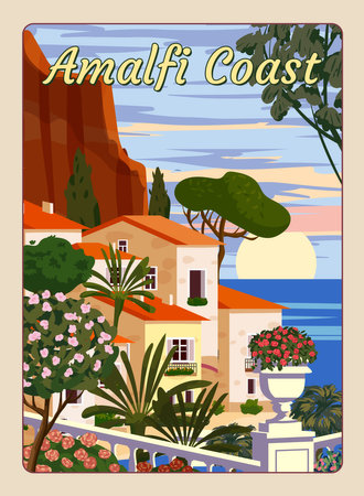 Amalfi Coast Italy, mediterranean romantic landscape, mountains, seaside town, sea. Retro poster travelのイラスト素材
