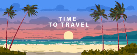 Time to Travel banner sunset beach ocean, palms, seashore, horizonのイラスト素材