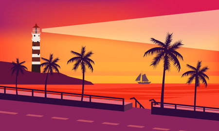 Banner Lighthouse tower, beacon, road tropical seashore oceanのイラスト素材