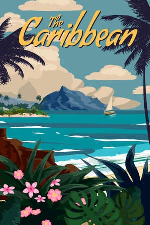 Caribbean Travel poster tropical resort vintageのイラスト素材