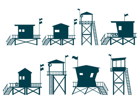 Collection of Lifeguard Tower icons. Station beach buildingのイラスト素材