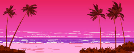 Sunset banner beach ocean, palms, seashore, horizonのイラスト素材