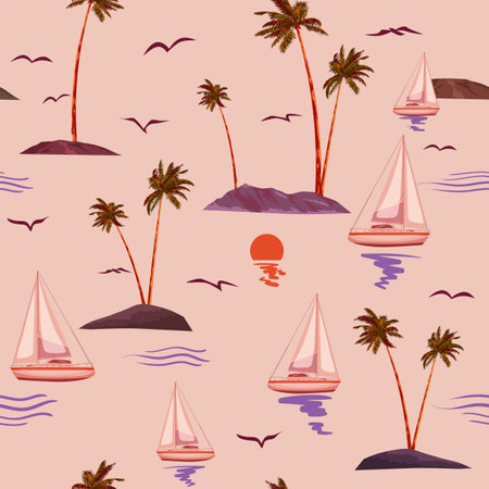 Sailboat tropical island, sunset, palms seamless pattern, vector illustrationのイラスト素材
