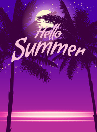 Hello Summer night party background with palms, design template, flyer. Summertime posterのイラスト素材
