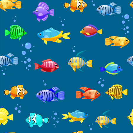 Tropical fishes cartoon seamless pattern. Cute funny underwater charactersのイラスト素材