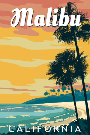 California Malibu Beach retro travel poster vectorのイラスト素材