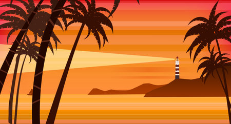 Banner Lighthouse tower, beacon on tropical seashore ocean with ray of lightのイラスト素材