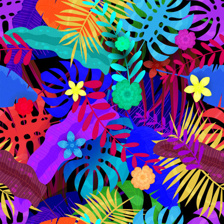 Seamless pattern Tropical exotic background. Colorful jungle leaves, flowersの写真素材
