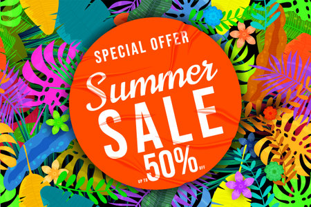 Summer Sale banner tropical colorful plant, flowers and leavesのイラスト素材
