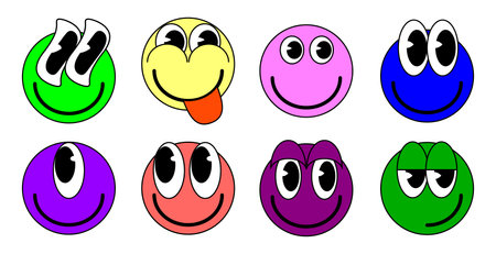 Cartoon Set of Groovy funny cartoon smile characters, vintage. Funky comic bright emoticon stickersのイラスト素材