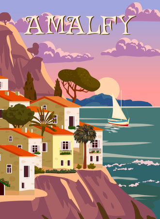 Amalfi Coast Italy, mediterranean romantic landscape, mountains, seaside town, sea. Retro poster travelのイラスト素材