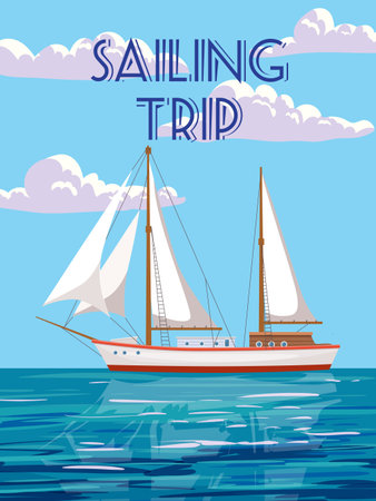Sailing Trip poster retro, sailing ship on the ocean, sea. Tropical cruise, sailboat, summertime travel vacation. Vector illustration vintageのイラスト素材