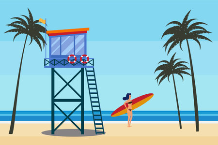 Lifeguard station on the beach palms, surfer, coast ocean, sea. Summer tropical landscape, vectorのイラスト素材