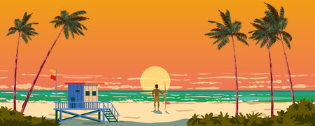 Sunset ocean view on the sand beach, surfer, palms, lifeguard tower, seashore, horizonのイラスト素材