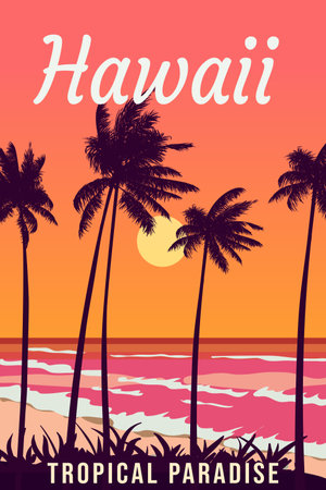 Hawaii vintage travel poster. Sunset beachのイラスト素材