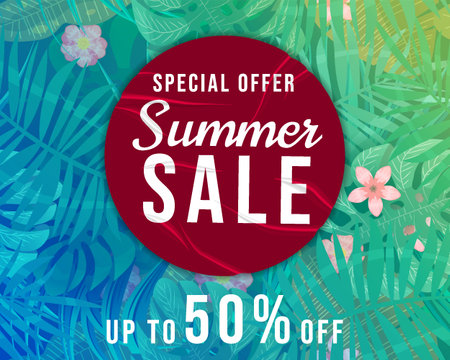 Summer Sale Template background tropical plants, flowers and leavesのイラスト素材