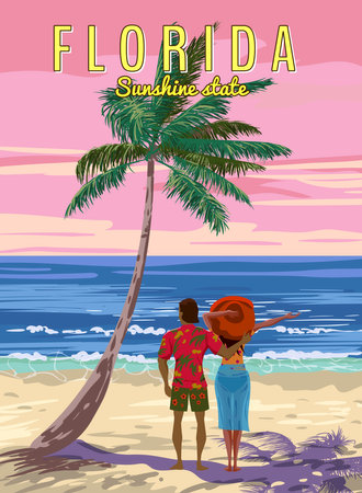 Florida Beach Retro Poster. Coulple in love on vacation resort, palm on the beach, coast, surf, ocean. Vector illustration vintageのイラスト素材