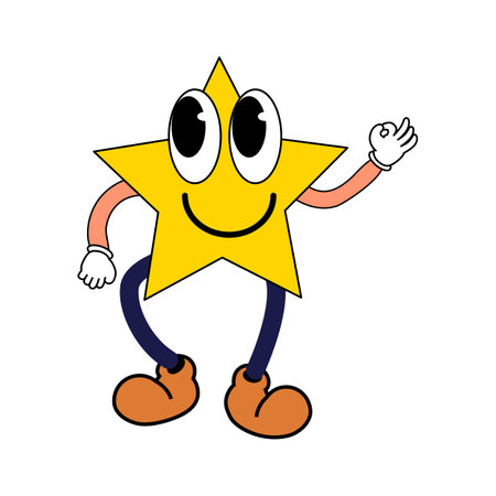 Cartoon Groovy funny cartoon smile character, vintage. Funky comic bright emoticon star stickerのイラスト素材