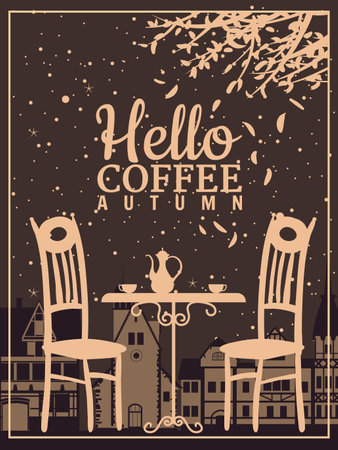 Hello Coffee autumn street cafe, outdoor, park, fall mood, nightのイラスト素材