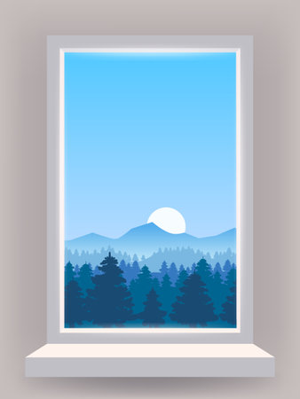 Window view interior, minimal landscape, forest, hills, mountainsのイラスト素材