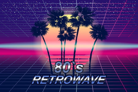 Retrowave 80s retro banner vaporwave aesthetic background. Palms silhouette grid 3d, sunset...
