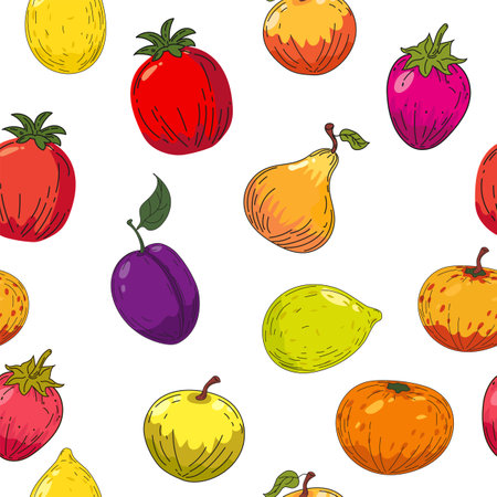 Colorful bright fruits seamless pattern. Hand drawing sketch fruitsのイラスト素材