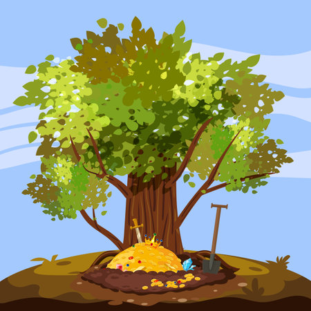Treasure pile under oak tree, full of treasures, gold coins, Digging Hole in the ground,のイラスト素材