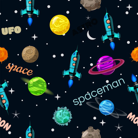 Space Seamless pattern planets, rockets and stars retroのイラスト素材