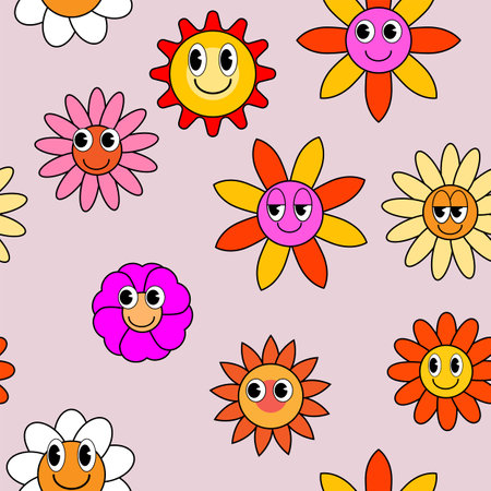 Groovy hippie flower seamless pattern. Colorful flowers trendy background retro trippy 70s styleのイラスト素材