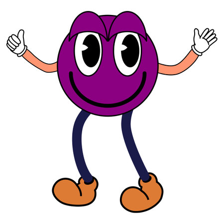 Groovy Cartoon funny cartoon smile character, vintage. Funky comic bright emoticon purple stickerのイラスト素材
