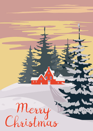 Poster Winter village rural winter snow landscape sunset, retro. Merry Christmasのイラスト素材