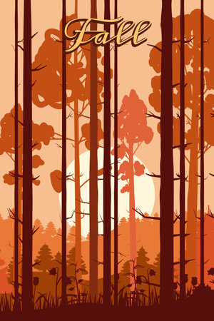 Poster Autumn forest, park landscape, sunsetのイラスト素材