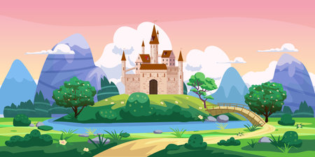 Fantasy fairytale castle landscape, green hills, trees, spring, road, mountains, panorama. Vector cartoon background illustrationのイラスト素材