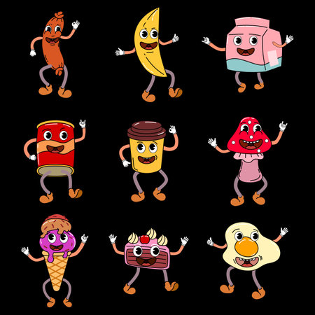 Groovy hippie set of funny characters trendy retro trippy 70s styleのイラスト素材