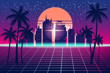 Retrowave banner vaporwave aesthetic backgroundのイラスト素材