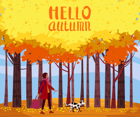 Hello Autumn landscape, woman in autumn coat walking the dogのイラスト素材