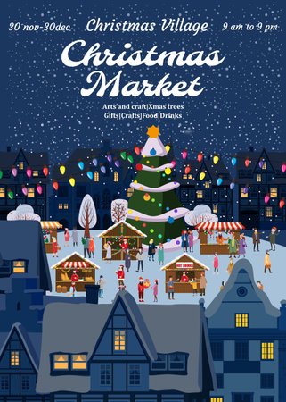 Poster Christmas Market, city square. Xmas fair card with decorated Christmas treeのイラスト素材