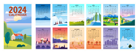 2024 Wall Calendar set of 12 landscape natural backgrounds of four seasonsのイラスト素材